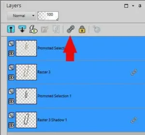 Paperclip and shadow layers linked together in the PaintShop Pro Layers palette